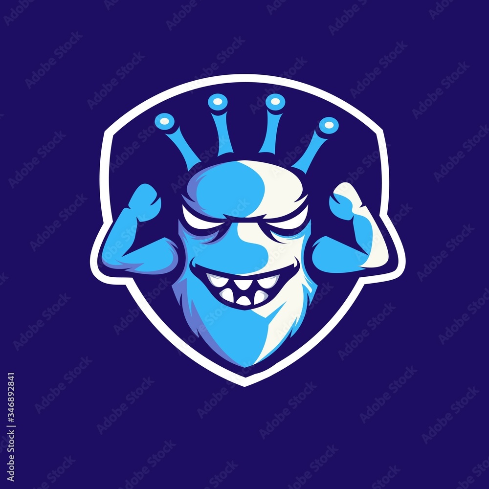 Blue Monster virus mascot logo design vector with modern illustration concept style for badge, emblem and t shirt printing. Virus illustration for sport and e-sport team.
