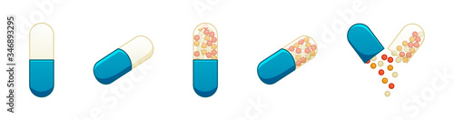 Oval capsule pills set isolated illustration. White background, vector.