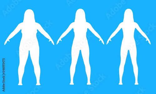 Steps of losing weight woman on blue background from fat to slim. Overweight woman before and after weight loss on white background. 3d render