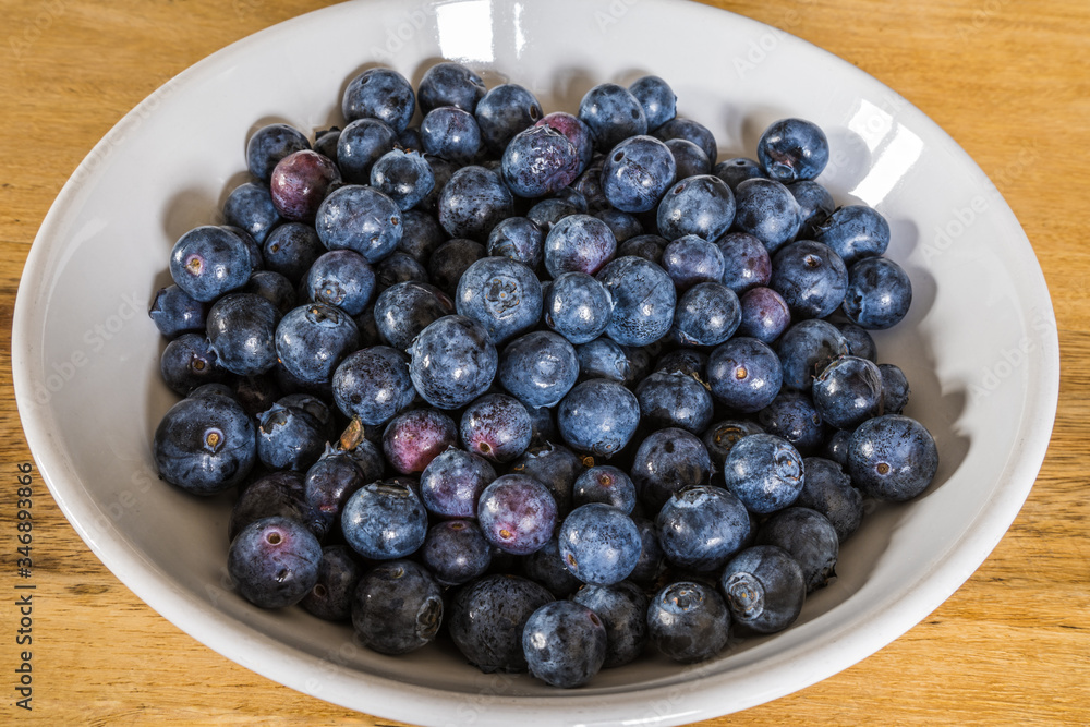 Blueberries in a white bowl on a Indian Wood Finish Table. Blueberries in a white bowl on a Indian Wood Finish Table.