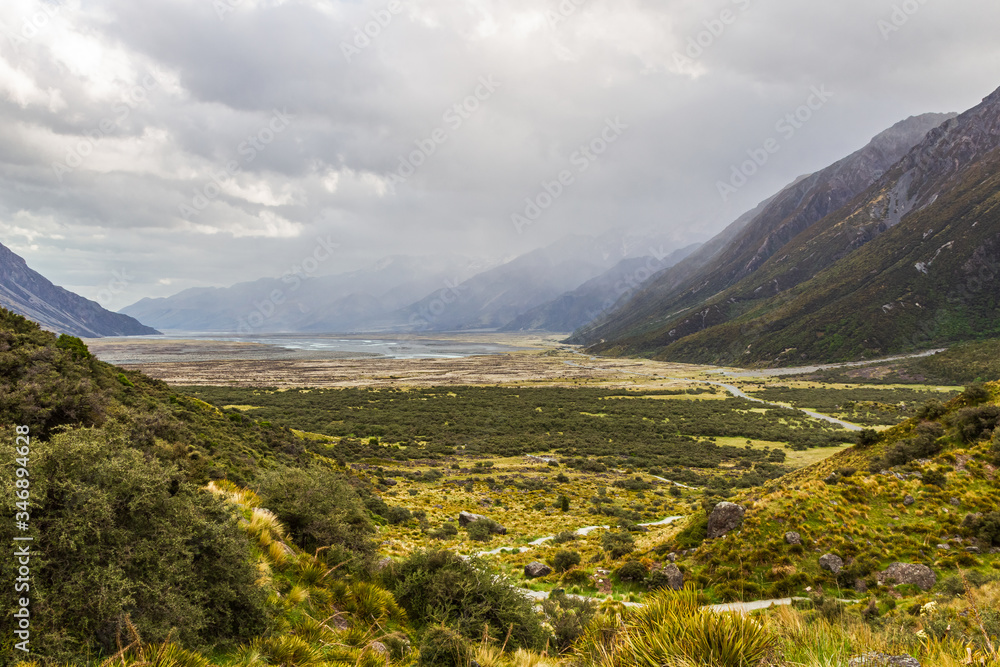 Valley between mountains near Lake Tasman. New Zealand
