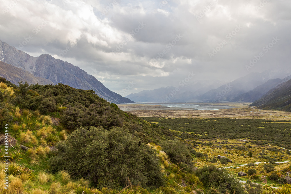 Valley between mountains in the Southern Alps. South Island, New Zealand