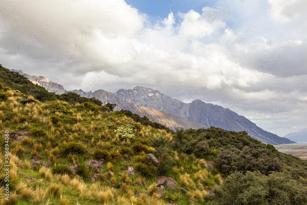 Southern Alps. Mountains to the very clouds. South Island, New Zealand