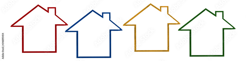 Set of watercolor silhouettes of houses in four colors - blue, green, yellow, red. Stay home in a pandemic. Illustrations for any design, stickers, web sites, cards, posters, banners. Contour drawing. Set of watercolor silhouettes of houses in four colors - blue, green, yellow, red. Stay home in a pandemic. Illustrations for any design, stickers, web sites, cards, posters, banners. Contour drawing.