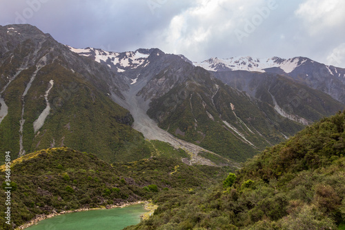 Landscapes of the Southern Alps. Glacier tracks near Lake Tasman. New Zealand