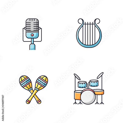 Band musical instruments RGB color icons set. Vintage microphone. Greek lyra. Crossed maracas. Drum kit to play beats. Traditional music for orchestra. Isolated vector illustrations