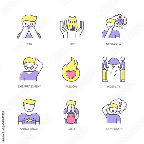 Emotion RGB color icons set. Fear from phobia. Human feelings. Psychological treatment. Mental state. Positive attitude. Negative behaviour. Panic attack. Isolated vector illustrations