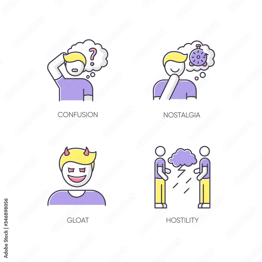 Human attitude RGB color icons set. Man think in confusion. Person experience nostalgia. Evil gloat. Hostility and aggression attitude. Negative behaviour. Isolated vector illustrations Human attitude RGB color icons set. Man think in confusion. Person experience nostalgia. Evil gloat. Hostility and aggression attitude. Negative behaviour. Isolated vector illustrations