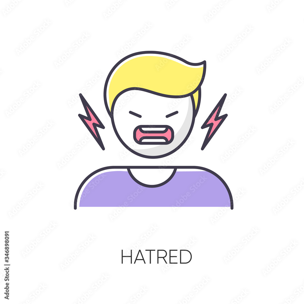 Hatred RGB color icon. Man aggressively shout. Person yell from irritation. Negative intense emotion. Feeling of rage. Crisis and conflict. Emotional outburst. Isolated vector illustration Hatred RGB color icon. Man aggressively shout. Person yell from irritation. Negative intense emotion. Feeling of rage. Crisis and conflict. Emotional outburst. Isolated vector illustration