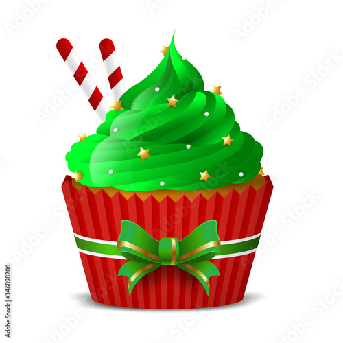 Sweet cupcake with green icing decoration of gold stars and thin waffle tubes on a white background. isolated object. Vector illustration