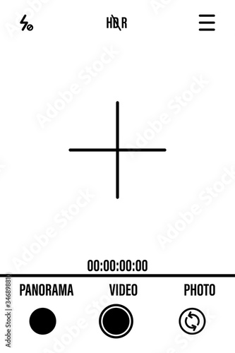 Camera screen with white frame, figures and battery symbol. Camcorder viewfinder on black background. Vector illustration for your graphic design