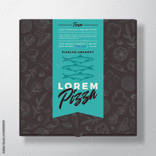 Anchovy Frozen Pizza Realistic Cardboard Box. Abstract Vector Packaging Design or Label. Modern Typography, Sketch Seamless Food Pattern. Black Paper Background Layout.