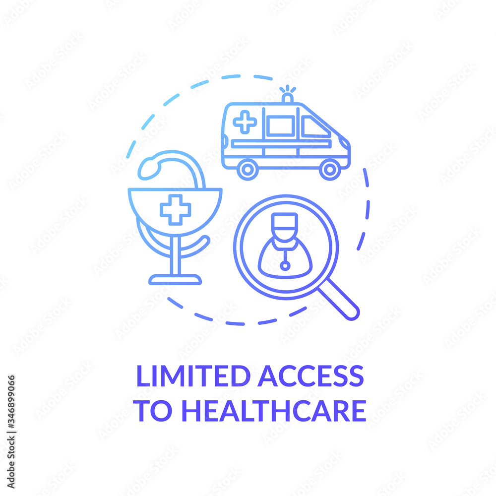 Limited access to healthcare blue concept icon. Low quality medical treatment. First aid. Country living disadvantage idea thin line illustration. Vector isolated outline RGB color drawing Limited access to healthcare blue concept icon. Low quality medical treatment. First aid. Country living disadvantage idea thin line illustration. Vector isolated outline RGB color drawing