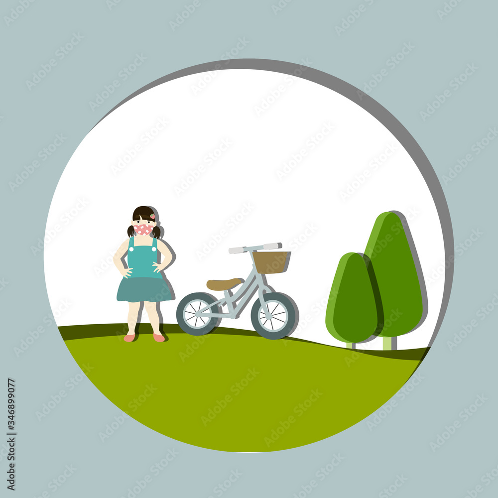 A girl wears mask for protection from corona virus with her bicycle background 
