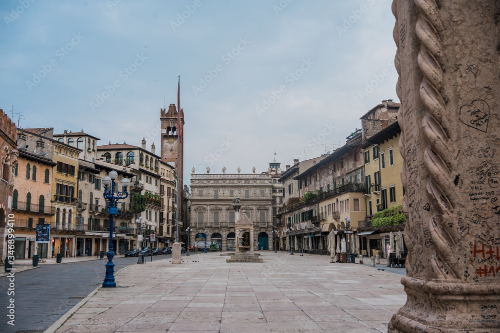 Verona during Coronavirus quarantine, empty piazza Erbe square
