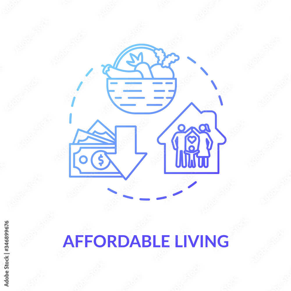 Affordable living blue concept icon. Residential property rent. Family housing. Economy on home budget. Real estate idea thin line illustration. Vector isolated outline RGB color drawing Affordable living blue concept icon. Residential property rent. Family housing. Economy on home budget. Real estate idea thin line illustration. Vector isolated outline RGB color drawing