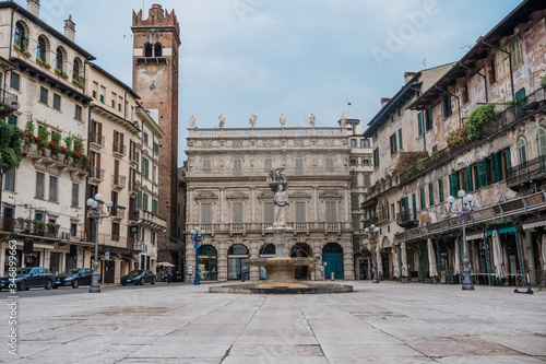 Verona during Coronavirus quarantine, empty piazza Erbe square 