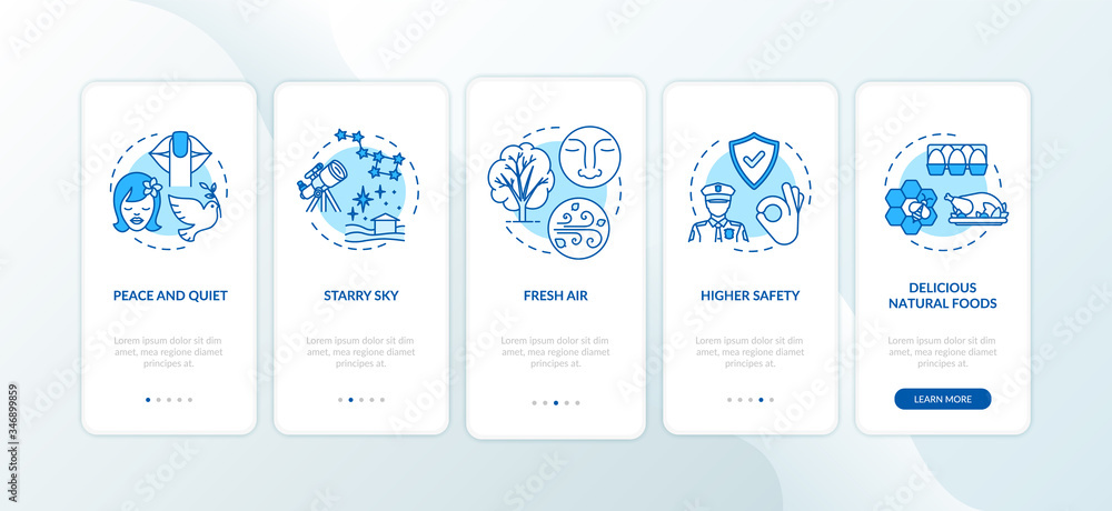Living on ranch onboarding mobile app page screen with concepts. Suburb life. Village lifestyle advantages walkthrough 5 steps graphic instructions. UI vector template with RGB color illustrations