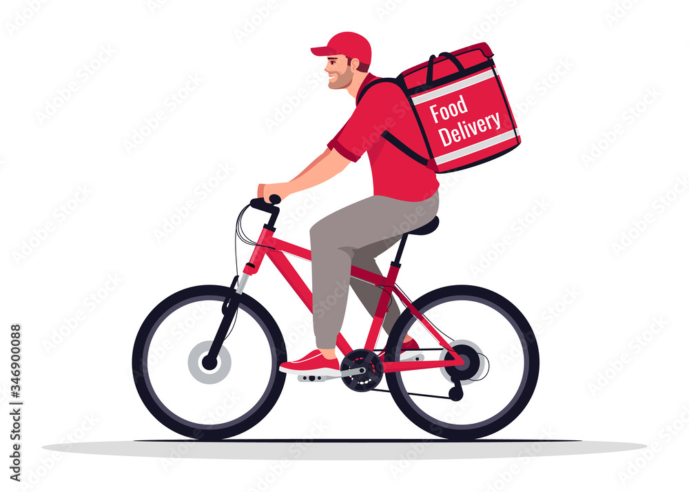 Obraz premium Food delivery biker semi flat RGB color vector illustration. Cafe order shipping worker on bike. Caucasian male courier in red uniform isolated cartoon character on white background