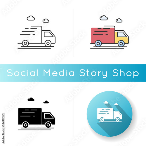 Delivery truck icon. Fast cargo shipping. Merchandise distribution. Goods and food export by transport. Express ground transportation. Linear black and RGB color styles. Isolated vector illustrations