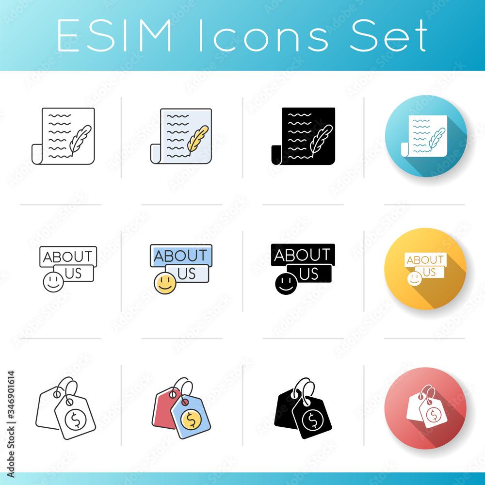 Social media icons set. Writing blog post. Personal diary. About us information. Company contacts. Price tag for product cost. Linear, black and RGB color styles. Isolated vector illustrations Social media icons set. Writing blog post. Personal diary. About us information. Company contacts. Price tag for product cost. Linear, black and RGB color styles. Isolated vector illustrations