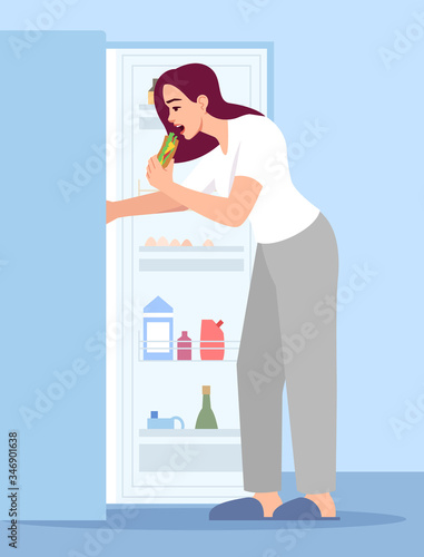 Woman eating sandwich semi flat RGB color vector illustration. Stressed girl near opened fridge isolated cartoon character on blue background. Emotional eating, overeating problem, unhealthy nutrition