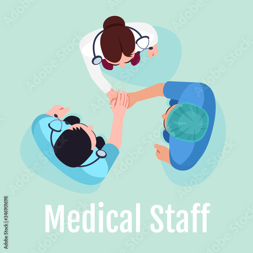 Medical staff social media post mockup. Team of doctors from top view. Advertising web banner design template. Social media booster, content layout. Promotion poster, print ads with flat illustrations