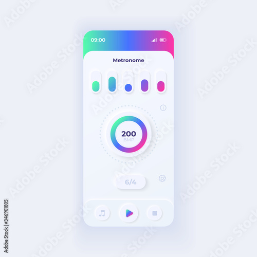 Metronome application smartphone interface vector template. Mobile app page light design layout. Musical rhythm assistance screen. Flat UI for application. Beats per minute amount on phone display