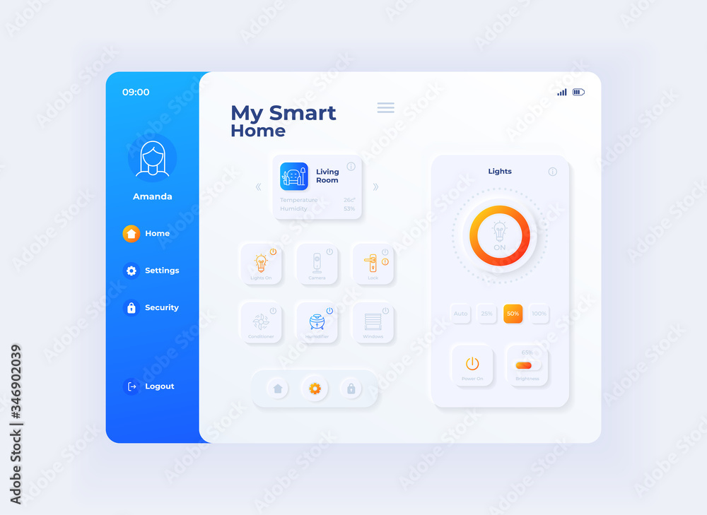 Vecteur Stock My smart home tablet interface vector template. Mobile app  page day mode design layout. IOT devices management screen. Flat UI for  application. House automation settings on portable device display