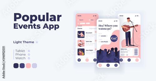 Popular events app cartoon smartphone interface vector templates set. Mobile app screen page day mode design. Recreation planner system UI for application. Phone display with flat character