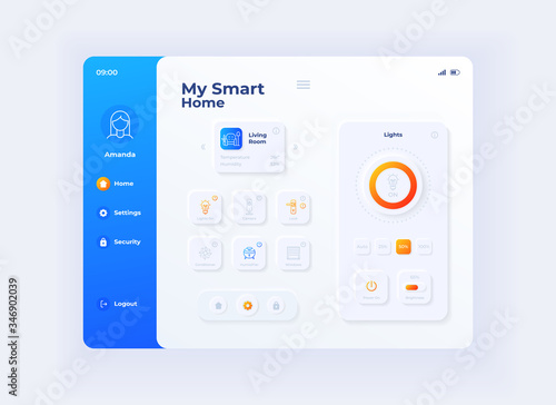 My smart home tablet interface vector template. Mobile app page day mode design layout. IOT devices management screen. Flat UI for application. House automation settings on portable device display