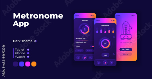 Metronome application cartoon smartphone interface vector templates set. Mobile app screen page night mode design. Volume and BPM parameters UI for application. Phone display with flat character