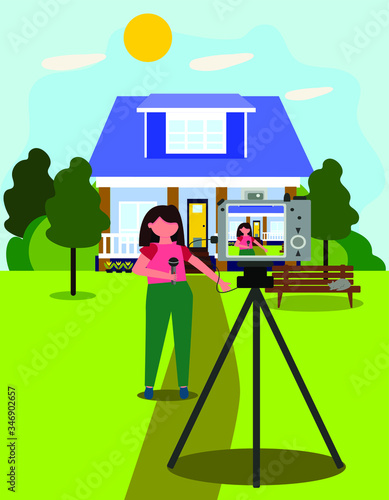 Girl reporter, TV presenter. Shooting with a camera. A journalist is reporting.
