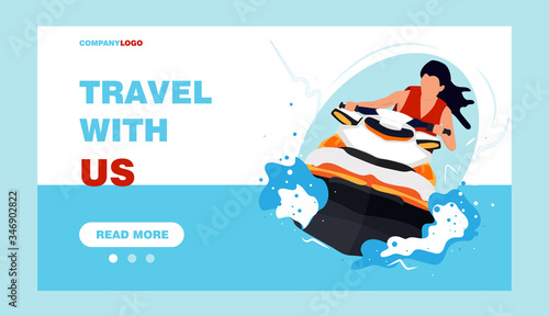 Summer vacation concept of woman rides a water scooter in the sea. Template for poster, banner, card, flyer, website, web page ets. Flat Cartoon Vector stock illustration.