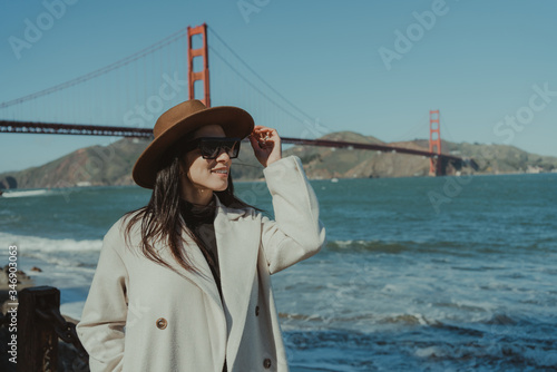 A beautiful woman in Golden Gate bridge of San Francisco California