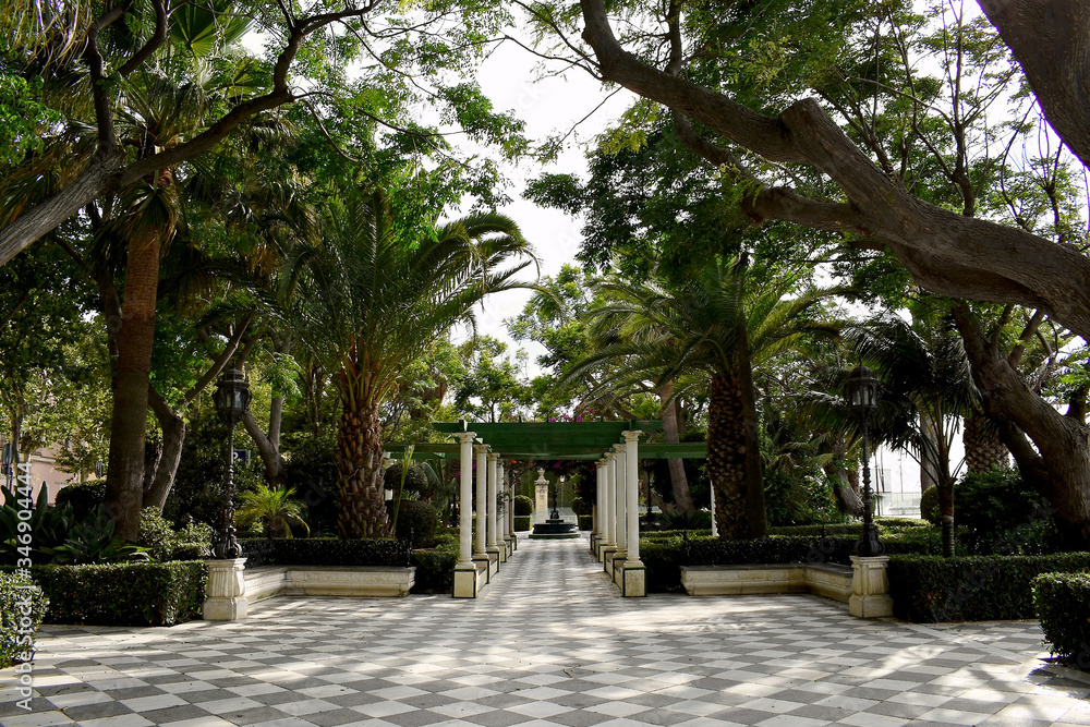 Genoves Park in the capital of Cádiz. Andalusia. Spain. Europe. August 11, 2019 Genoves Park in the capital of Cádiz. Andalusia. Spain. Europe. August 11, 2019