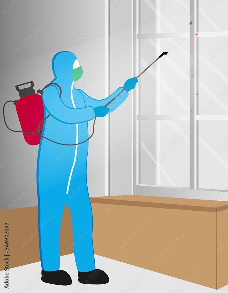 Illustration vector graphic of Disinfectant worker tries to cleaning the office room, sterilization coronavirus or COVID-19. Illustration vector graphic of Disinfectant worker tries to cleaning the office room, sterilization coronavirus or COVID-19.