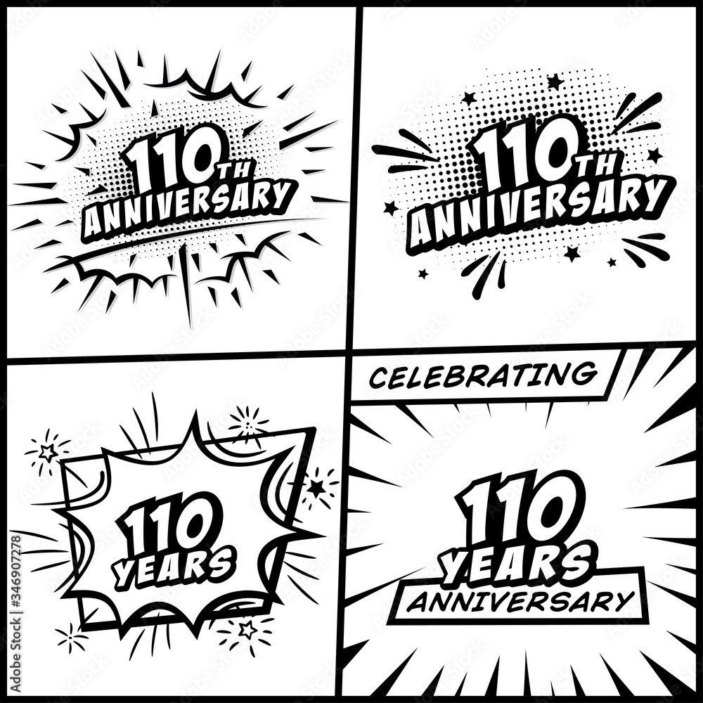 110 years anniversary logo collection. 110th years anniversary celebration comic logotype. Pop art style vector and illustration. 110 years anniversary logo collection. 110th years anniversary celebration comic logotype. Pop art style vector and illustration.