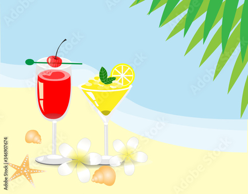 Tropical colorful cocktail drink decorated with cherry and slice lime on beach. Isolated on light background. Vector Illustration. Idea for summer vacation and welcome drink.