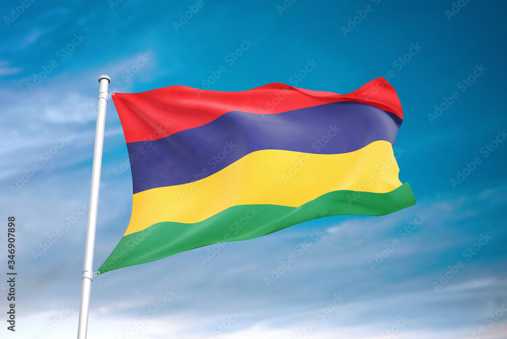 Mauritius flag waving sky background 3D illustration Mauritius flag waving sky background 3D illustration