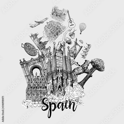 Poster / card / composition of colorful hand drawn sketch style Spain related objects isolated on white background. Vector illustration.