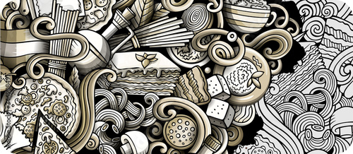 Italian food hand drawn doodle banner. Cartoon detailed flyer.