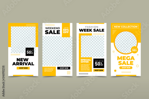 Set of Editable banner post on instagram story template. Black and yellow background color with stripe line shape. Suitable for social media stories post,  web mobile ads and whatsapp status update.