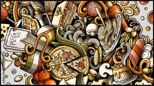 Italian food hand drawn doodle banner. Cartoon detailed flyer.