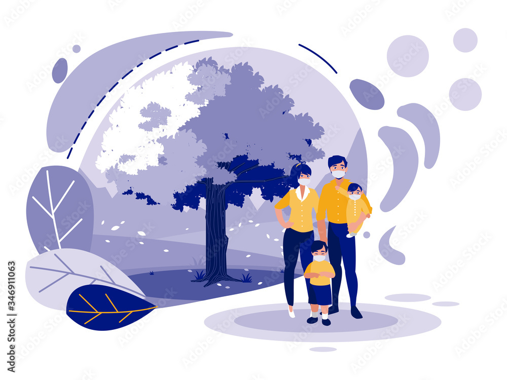 Family with masks in front of landscape vector design Family with masks in front of landscape vector design