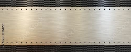 Brushed metal plate on perforated metal background texture. Aluminum, steel. 3d illustration