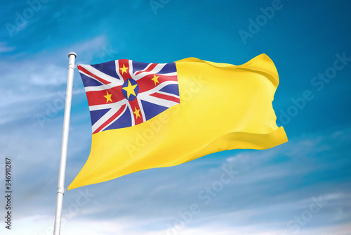 Niue flag waving sky background 3D illustration photo