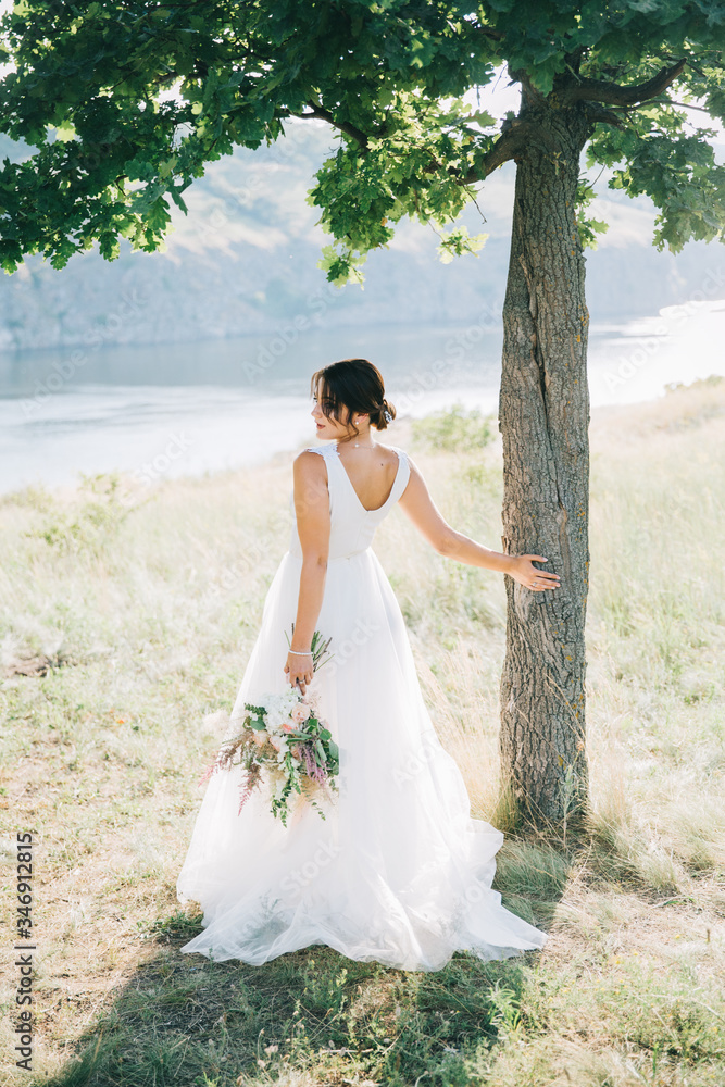 Bride in a luxurious white wedding dress in nature at sunset Bride in a luxurious white wedding dress in nature at sunset