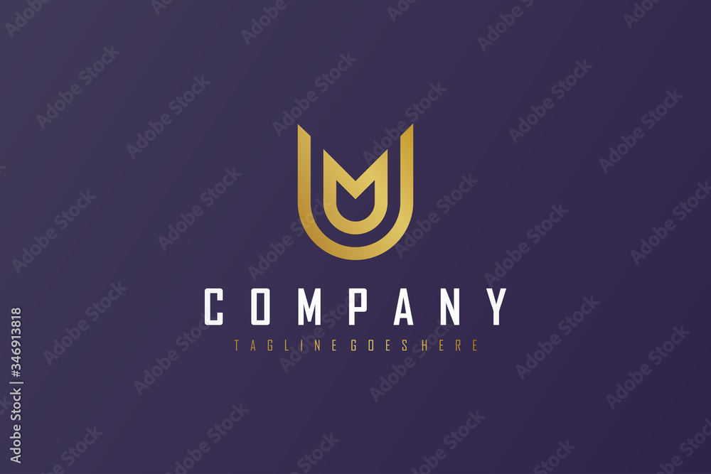 Fototapeta premium Abstract Initial Letter M and U Linked Logo. Gold Geometric Linear Style isolated on Purple Background. Usable for Business and Building Logos. Flat Vector Logo Design Template Element.