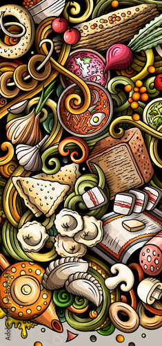 Russian food hand drawn doodle banner. Cartoon detailed flyer.